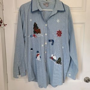 Capacity Woman's Long Sleeve Winter motif Blouse, Size: 1X Color: Blue